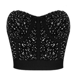 Black Beaded Tube Strapless Bandage Top Crop Top